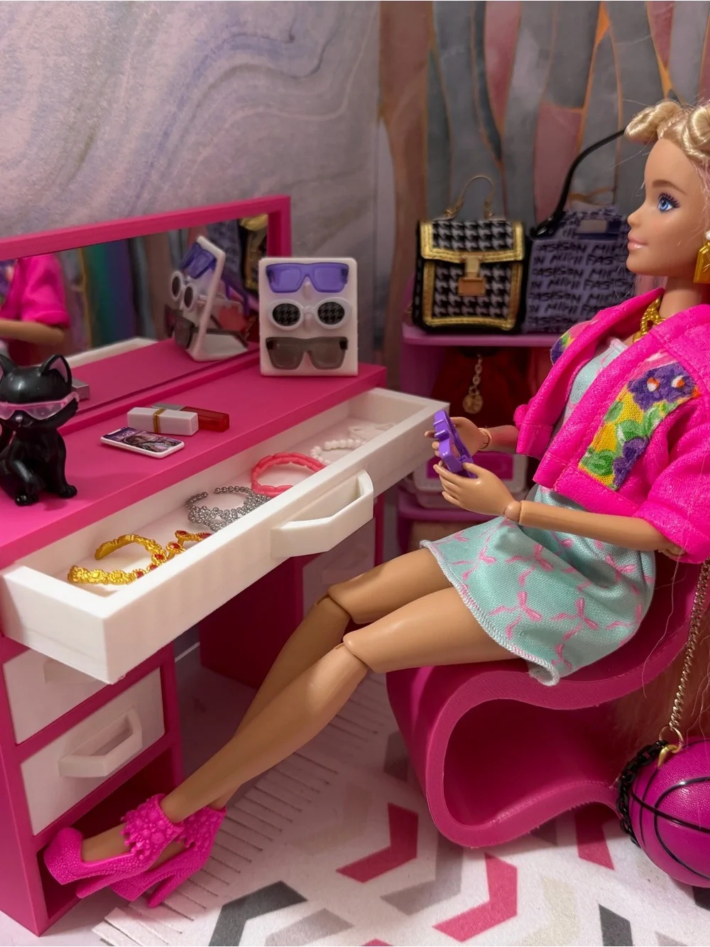 Barbie Vanity Makeup Table with Mirror and Chair | 11.5 Inch Doll Furniture
